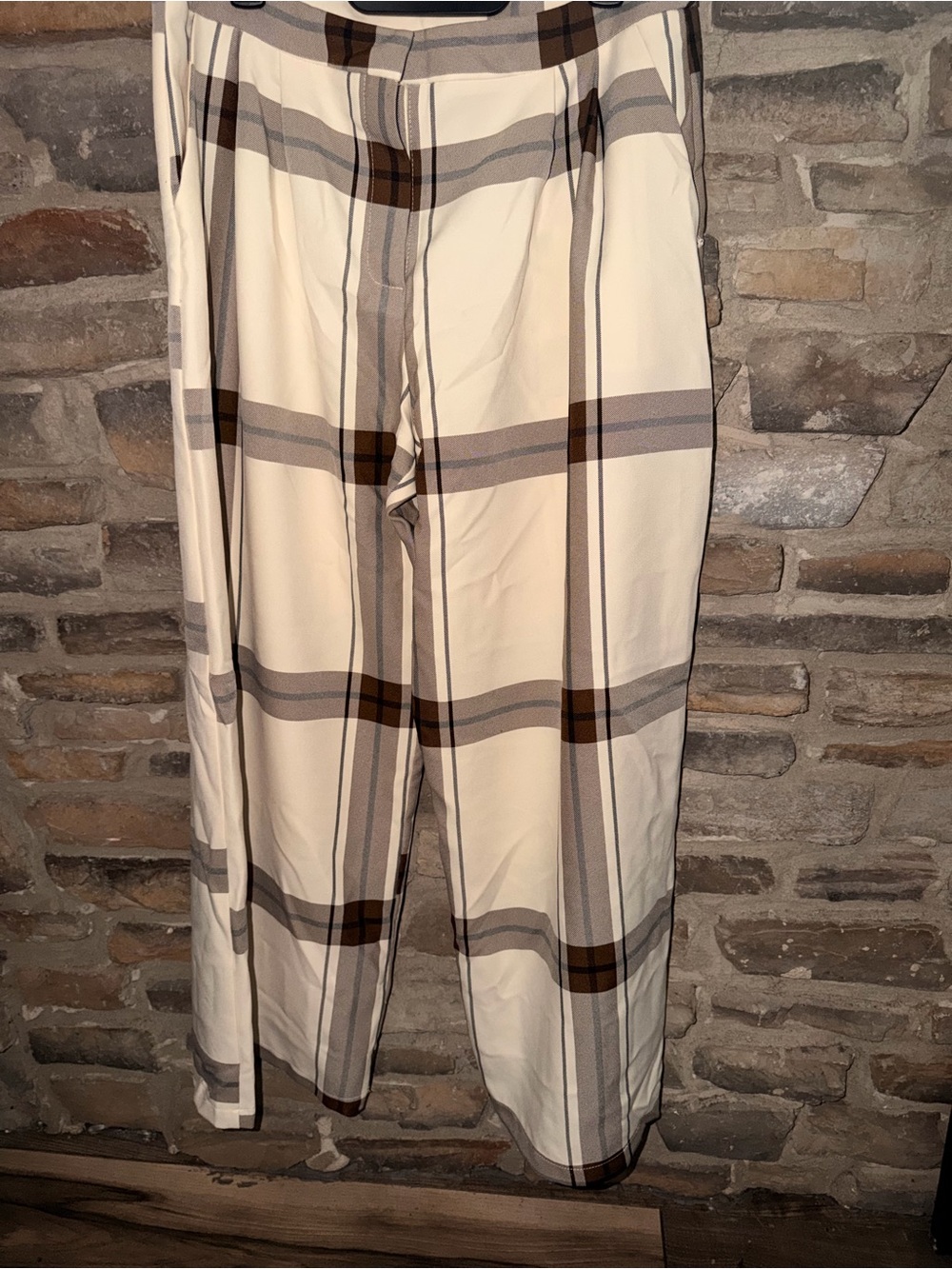 Women's Cream Plaid Dress Pants wide leg